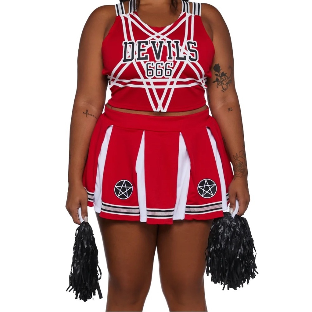 DOLLS KILL Red Cheerleader Costume with Pentagram Design